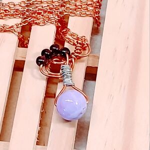 LAVENDER PURPLE CHALCEDONY & GARNET BEADS WIRE WRAPPED COPPER PENDANT AND CHAIN
